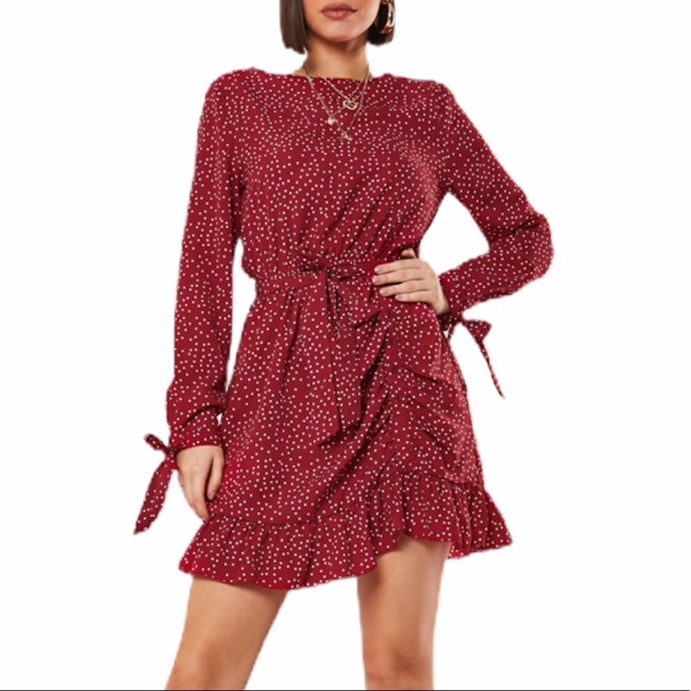MISSGUIDED Red White Polka Dot Long Sleeve Runched Self Tie Mini Dress NWT Sz 12